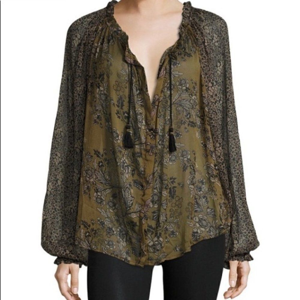 Free People Hendrix Blouse Top Small Green -Tan‎
